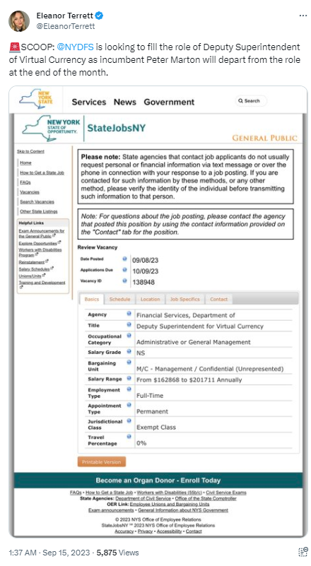 纽约州金融服务局虚拟货币副主管Peter Marton将于本月底卸任