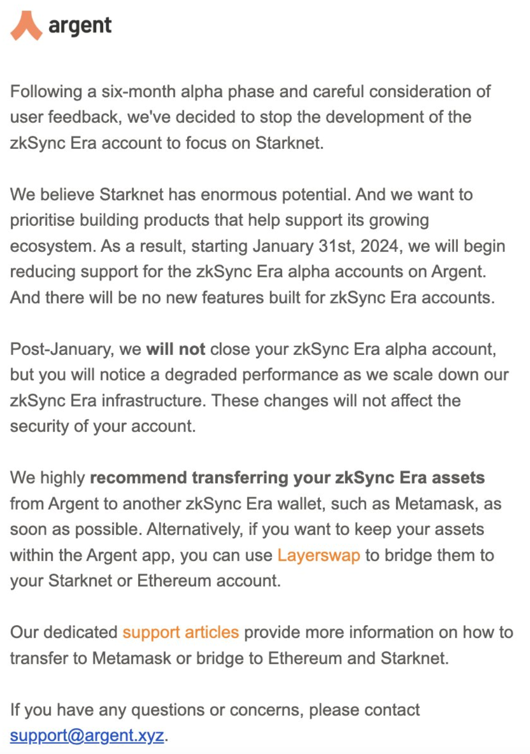 Argent钱包将逐步停止对zksync Era的支持，转而专注于Starknet